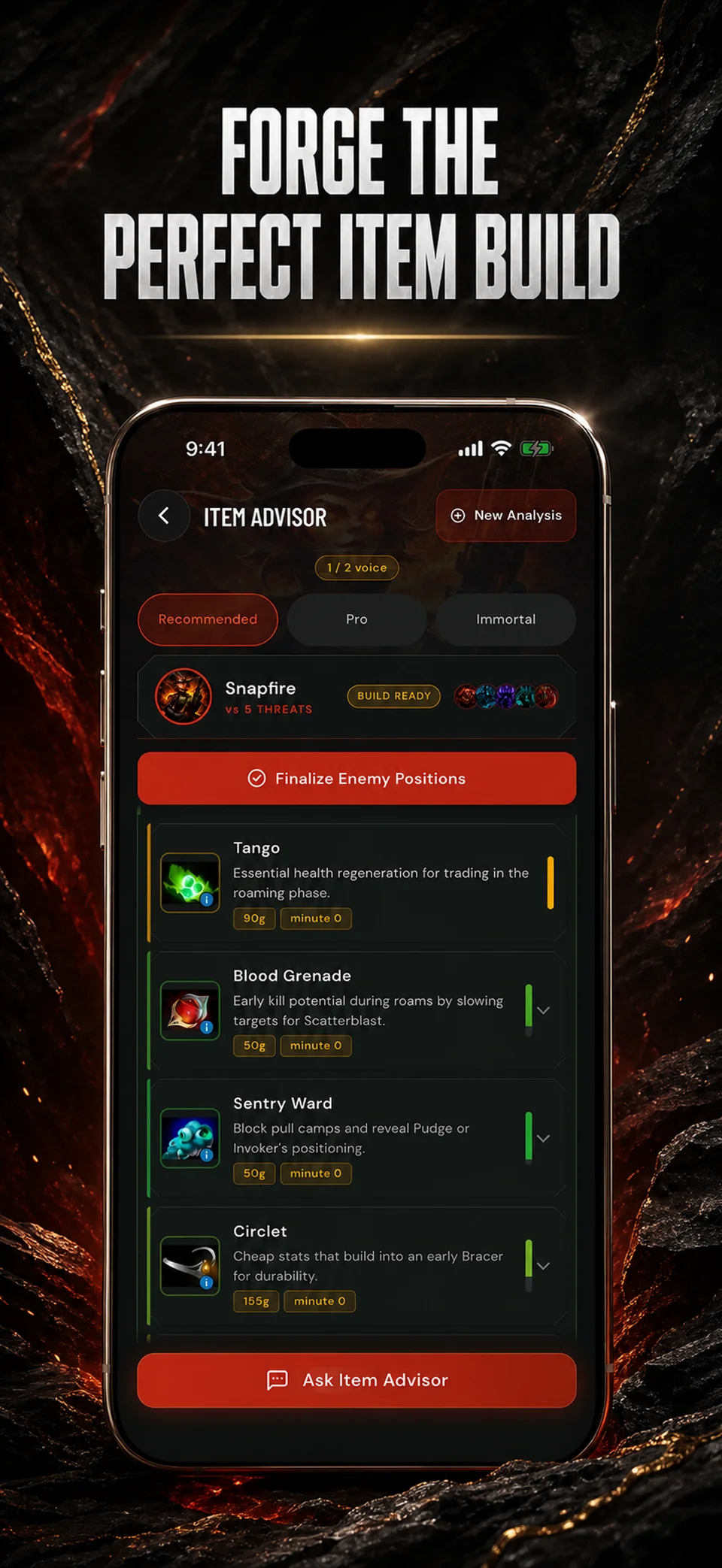 Item advisor: phase-by-phase build with talents, Aghanim's, and Facet