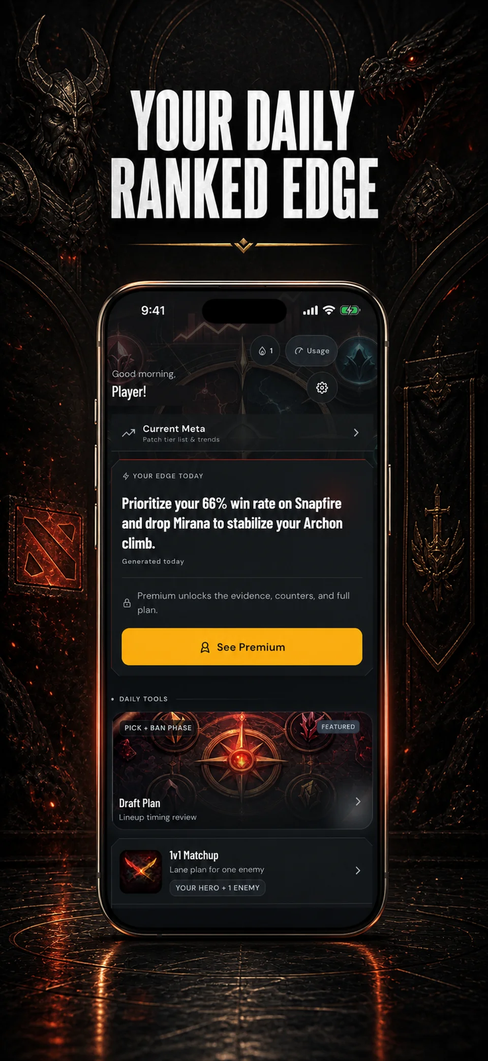 Hero Edge app home — your daily ranked edge with AI insight, draft, build, and coaching tools