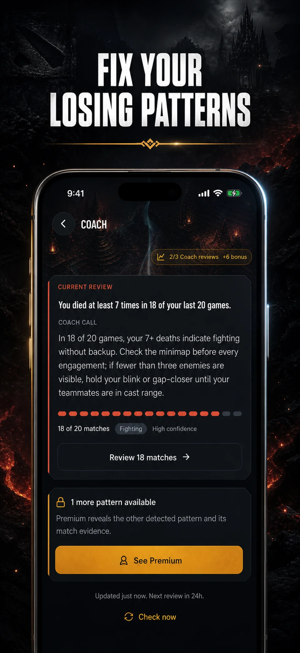 Coach review: recurring death pattern detected across 18 of 20 matches with a concrete fix