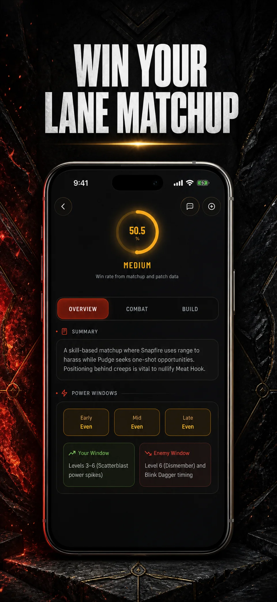 Matchup analysis: win-rate gauge with power windows for your lane opponent