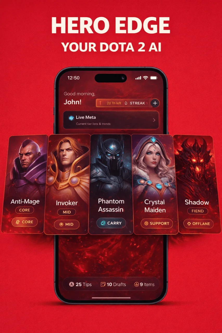 Hero Edge app home — every Dota 2 draft, build, and coaching tool in one place